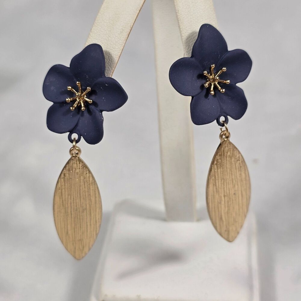 Navy Blue Matte Flower Dangle Earrings Gold Textured Marquise Leaf Drop Boho